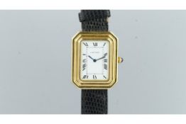 CARTIER 18CT WRISTWATCH, white rectangular dial with black Roman numerals, octagonal 18ct stepped