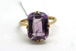 Single stone amethyst ring, rectangular cushion cut amethyst measuring an estimated 13.5 x 9.20mm,