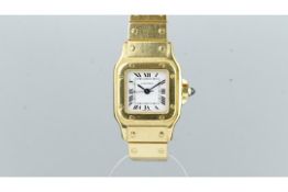 LADIES'' 18CT CARTIER SANTOS, white dial with Roman numerals, sapphire set crown, 18ct case and