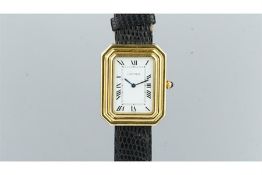 CARTIER 18CT WRISTWATCH, white rectangular dial with black Roman numerals, octagonal 18ct stepped