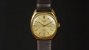 GENTLEMEN'S LONGINES AUTOMATIC WRISTWATCH, circular gold dial with baton hour markers and a date