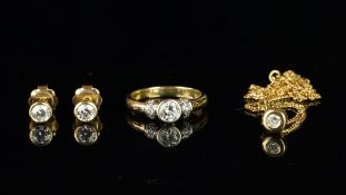 Single stone diamond pendant, earrings and ring suite, comprising a 0.15ct diamond pendant,