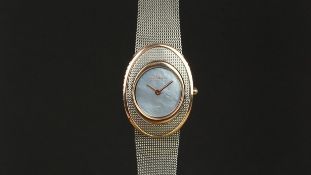 LADIES' SKAGEN WRISTWATCH, circular mother of pearl dial with bronze hands, 26mm oval shaped case,