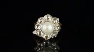 Natural pearl and diamond cluster ring, central 8.5mm natural pearl, surrounded by rose cut diamond,