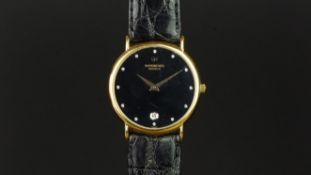 MID SIZE RAYMOND WEIL DATE WRISTWATCH, circular black dial with stone dot hour markers and a date