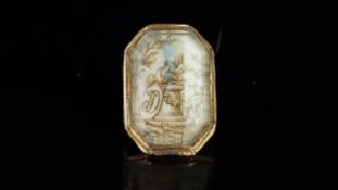 Georgian memorial ring, rectangular curved plaque with cut corners, hand painted image on bone of