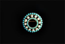 Turquoise and pearl brooch, circular design with two rows of cabochon cut turquoise, separated by