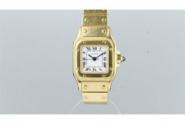 LADIES'' 18CT CARTIER SANTOS, white dial with Roman numerals, sapphire set crown, 18ct case and