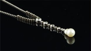 Edwardian baroque pearl and diamond necklace, 13 x 8mm baroque pearl suspended from a drop of old