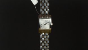 LADIES' LONGINES WRISTWATCH, square silver dial with dagger hour markers and dauphine hands, 16mm