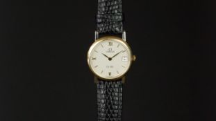 LADIES' OMEGA DEVILLE DATE WRISTWATCH, circular off white dial with gold hour markers and a date