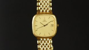 MID SIZE OMEGA DEVILLE WRISTWATCH, rounded square dial with gold hour markers and hands, a date