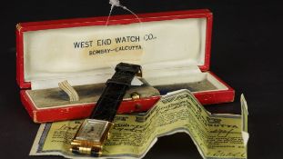 GENTLEMEN'S WEST END WATCH CO 18K GOLD WRISTWATCH W/ BOX & PAPERS CIRCA 1945, rectangular two tone