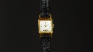 LADIES' OMEGA COCKTAIL WRISTWATCH, square silver dial with gold hour markers in a 14mm gold plated