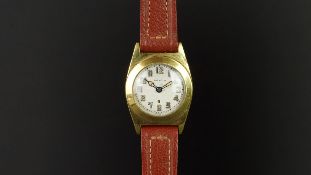 MID SIZE HARDWOOD VINTAGE WRISTWATCH, circular aged white dial with Arabic numerals and gun metal