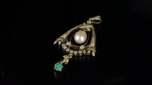Pearl, diamond and emerald pendant, central pearl drop measuring approximately 11.3 x 7.86mm, in