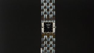 LADIES' RAYMOND WEIL WRISTWATCH, square black dial with dot hour markers, set bezel on a 17mm