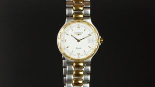 MID SIZE LONGINES CONQUEST WIRSTWATCH, circular white dial with gold baton hour markers and a date