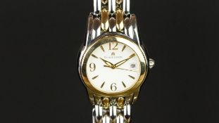 MID SIZE MAURICE LACROIX WRISTWATCH, circular white dial with gold hour markers and a date aperture,