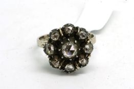 Georgian rose cut diamond cluster ring, daisy cluster of rose cut diamonds, mounted in white metal