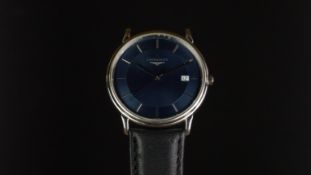 GENTLEMEN'S LONGINES WRISTWATCH, circular blue two tone dial with baton hour markers and a date
