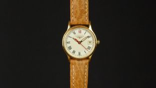 LADIES' LONGINES WRISTWATCH, circular two tone dial with Roman numerals and a date aperture, red