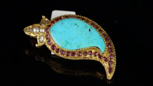 Middle Eastern gem set brooch, central turquoise drop, surrounded by rubies, with pearl and paste