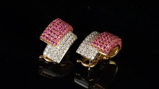 Pink sapphire and diamond earrings, rectangular panel of round cut pink sapphires, overlapping