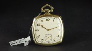 VINTAGE LONGINES 14K GOLD POCKET WATCH CIRCA 1915, rounded square silver dial with Arabic