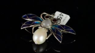 Silver plique a jour enamel bug brooch, stamped 925 with concealed pendant loop