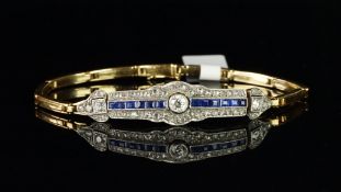 Art Deco articulated sapphire and diamond bracelet, central old European cut diamond, with a row