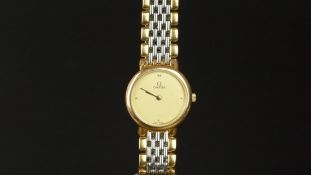 LADIES' OMEGA WRISTWATCH, circular gold dial with dot hour markers, 21mm plated case with a quartz