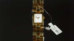 LADIES' GUCCI WRISTWATCH, square white dial with gold hands, 17mm gold plated case with Gucci crown,