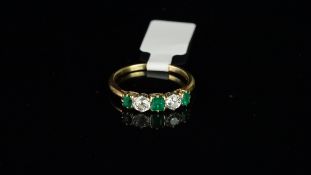 Five stone emerald and diamond ring, rectangular step cut emeralds and old cut diamonds, claw set in