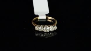 Five stone diamond ring, five old cut diamonds, claw set, mounted in yellow metal tested as 18ct,