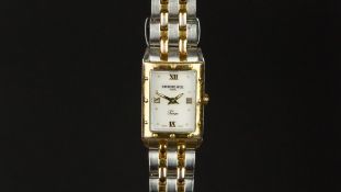 LADIES' RAYMOND WEIL TANGO WRISTWATCH, rectangular white dial with gold hour markers and hands, gold