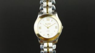 MID SIZE BILLANO WRSTWATCH, circular white dial with gold hour markers and a date aperture, gold