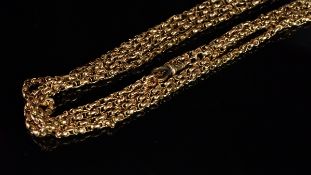 Victorian 9ct gold long guard chain, fancy belcher links, on a yellow metal clasp stamped 9ct, gross