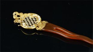 French enamel and gold hair slide, ornate gold top with blue and white enamel detail, with a pressed