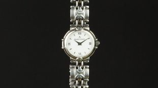 LADIES' MAURICE LACROIX WRISTWATCH, circular white dial with silver hour markers, 22mm stainless