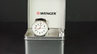 GENTLEMEN'S WENGER WRISTWATCH, circular white dial with Arabic numerals and day date aperture at 3