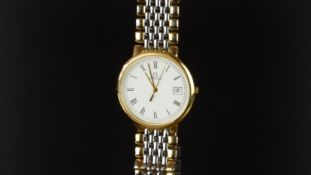 MID SIZE OMEGA DE VILLE DATE WRISTWATCH, circular white dial with Roman numerals and a date