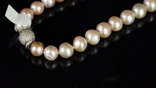 Pearl and diamond necklace, single row of pink, grey and champagne freshwater pearls, measuring