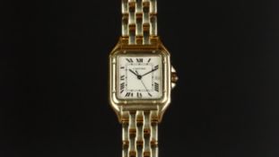 MID SIZE CARTIER 18K GOLD PANTHERE WRISTWATCH, square off white dial with Roman numerals, a date