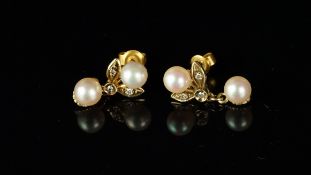 Pearl and diamond drop earrings, two pearl drops with diamond details, mounted in 9ct yellow gold