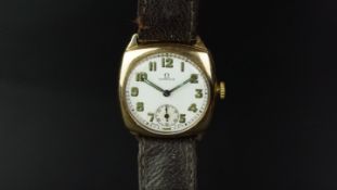 GENTLEMEN'S OMEGA 9K GOLD TRENCH WATCH, circular white dial with Arabic numerals and a sub dial,