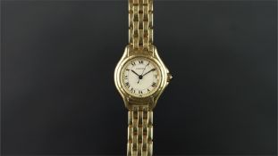 LADIES' CARTIER COUGAR 18K GOLD WRISTWATCH, circular off white dial with Roman numerals, a date