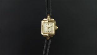 LADIES' OMEGA GOLD COCKTAIL WATCH, square off white dial with gold hour markers and gold hands, 16mm