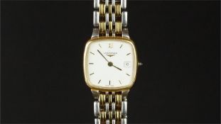 LADIES' LONGINES FLAGSHIP WRISTWATCH, square white dial with baton hour markers and a date aperture,