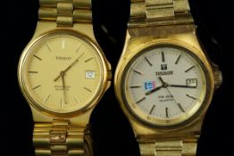 X2 TISSOT WRISTWATCHES, both quartz movements, gold plated cases, one with pepsi logo dial.